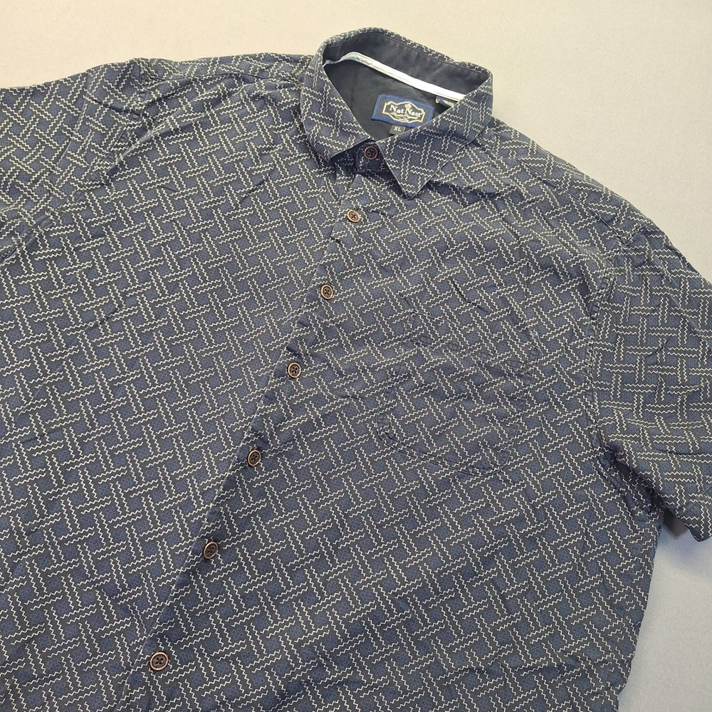 Nat Nast Luxury Originals Mens XL Silk Cotton Navy Blue Zigzag Button Down Shirt